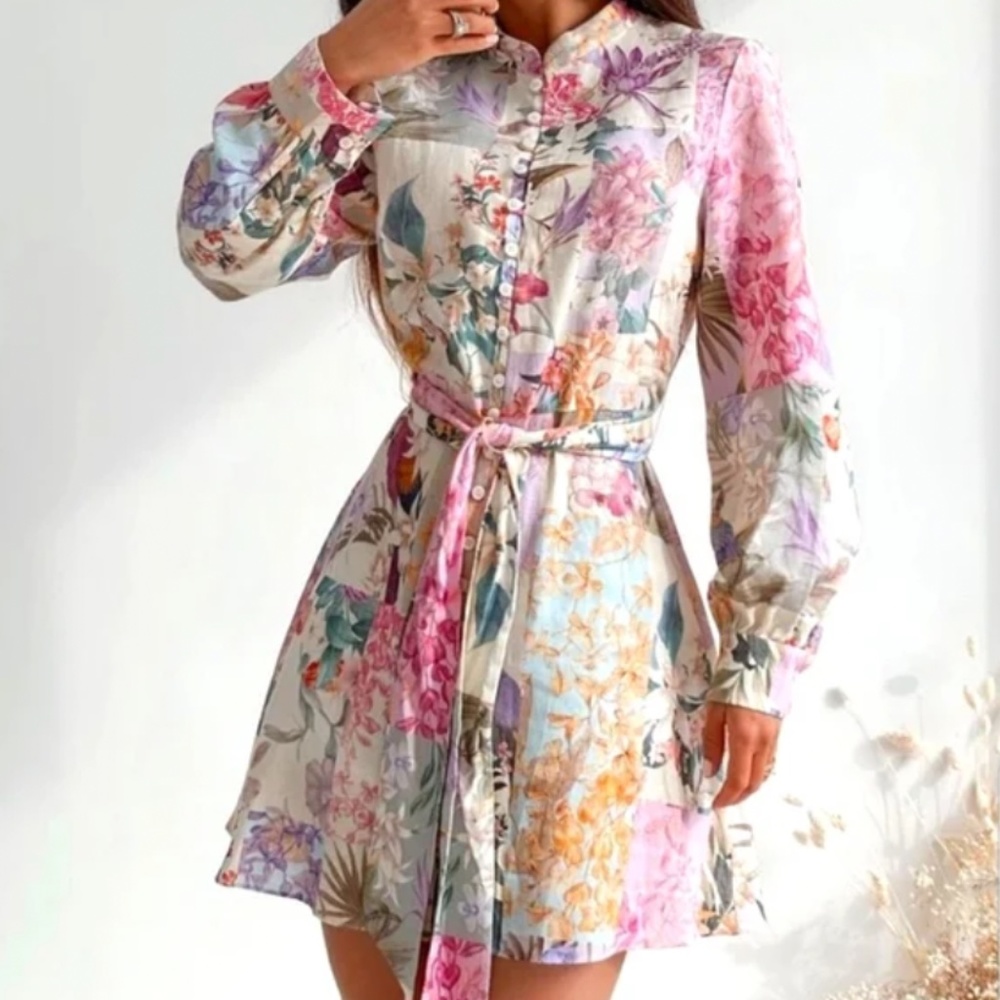 Zara Floral Print Dress Size Medium White & Multi Colors